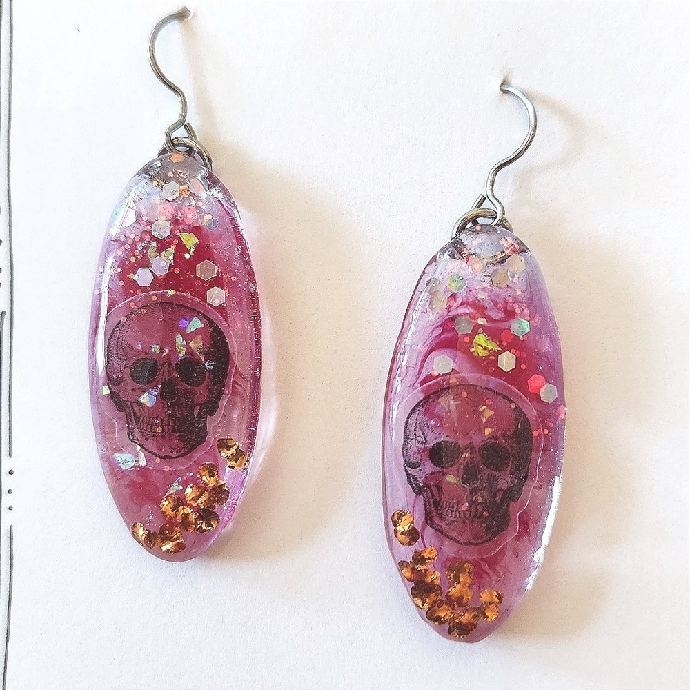Handmade Resin Skull Earrings Pink Gothic Glitter Dangle Halloween